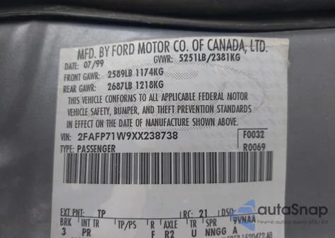 1999 Ford Crown Victoria Police Interceptor z USA, uszkodzony, nr VIN 2FAFP71W9XX238738